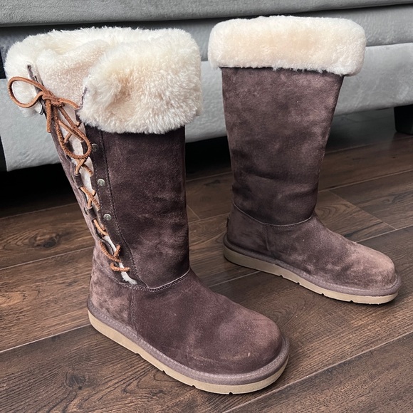 UGG AUSTRALIA Upside 5163 Brown Lace Up Sheepskin Suede Tall Boots Size 7 - Picture 1 of 11